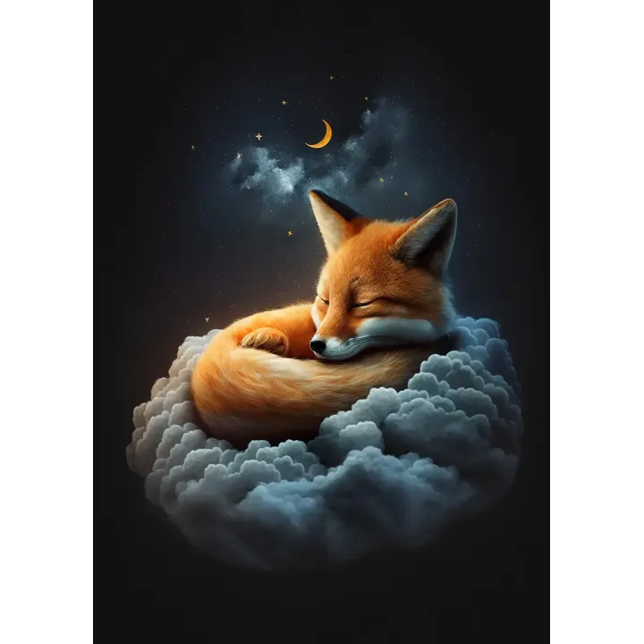 Plakat Śpiący Lisek – Nocne Niebo z Księżycem i Gwiazdami – produkt
