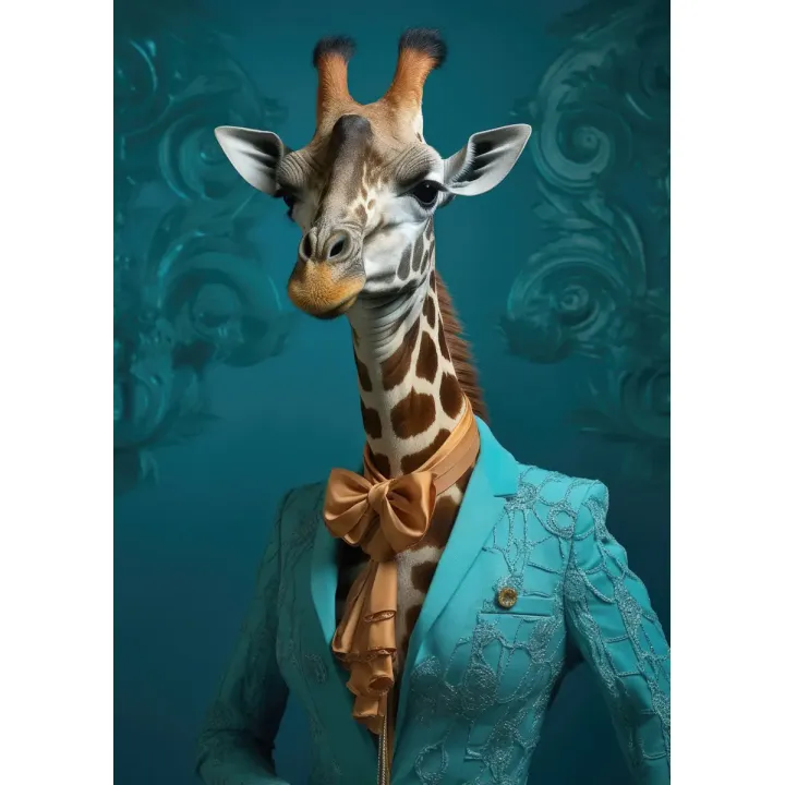 Plakat Żyrafa w Ubraniu Człowieka – Portret z Krawatem i Ornamentami – produkt
