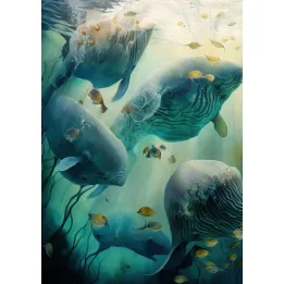 Plakat Wieloryby w Morskiej Głębi – Akwarelowy Krajobraz Oceanu – produkt