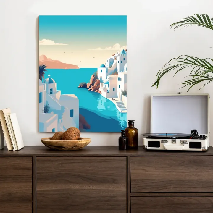 Plakat Santorini – Błękitne Morze Egejskie i Grecka Architektura