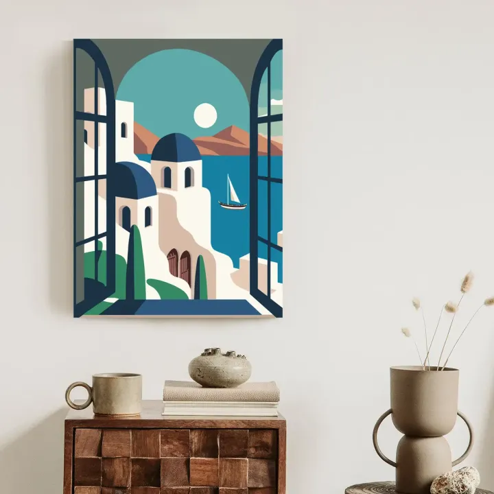 Plakat Greckie Santorini – Biała Architektura Cyklad nad Morzem Egejskim