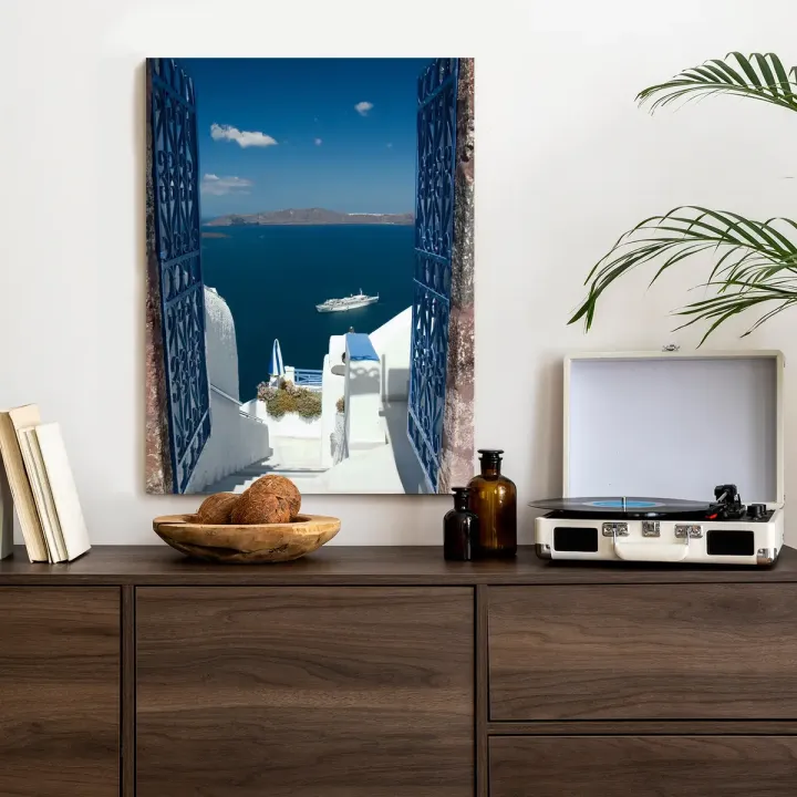 Plakat Santorini – Błękitna Architektura Cyklad nad Morzem Egejskim
