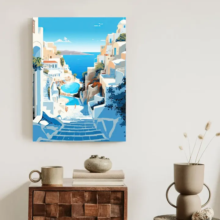 Plakat Santorini – Grecka Architektura i Biel Błękitu Cyklad