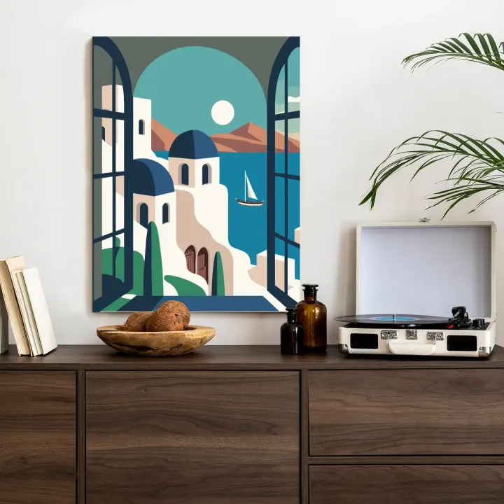 Plakat Greckie Santorini – Biała Architektura Cyklad nad Morzem Egejskim