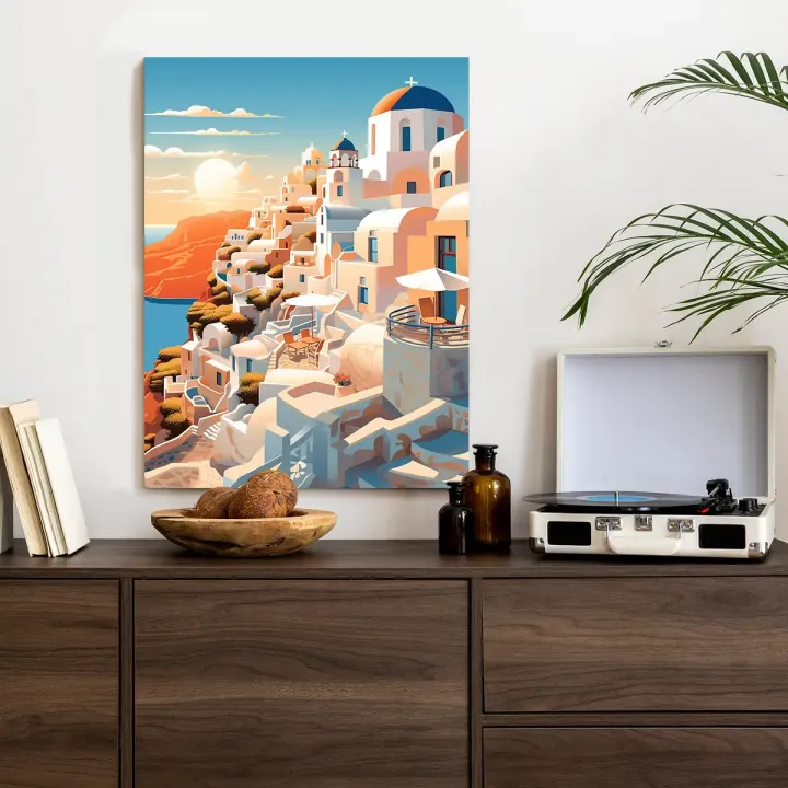 Plakat Zachód Słońca – Santorini i Architektura Grecka