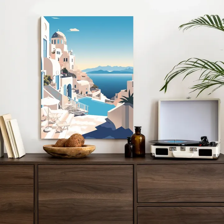 Plakat Grecka Architektura – Santorini i Błękitne Morze Egejskie
