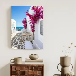 Plakat Grecka Architektura – Morze Egejskie i Różowe Kwiaty