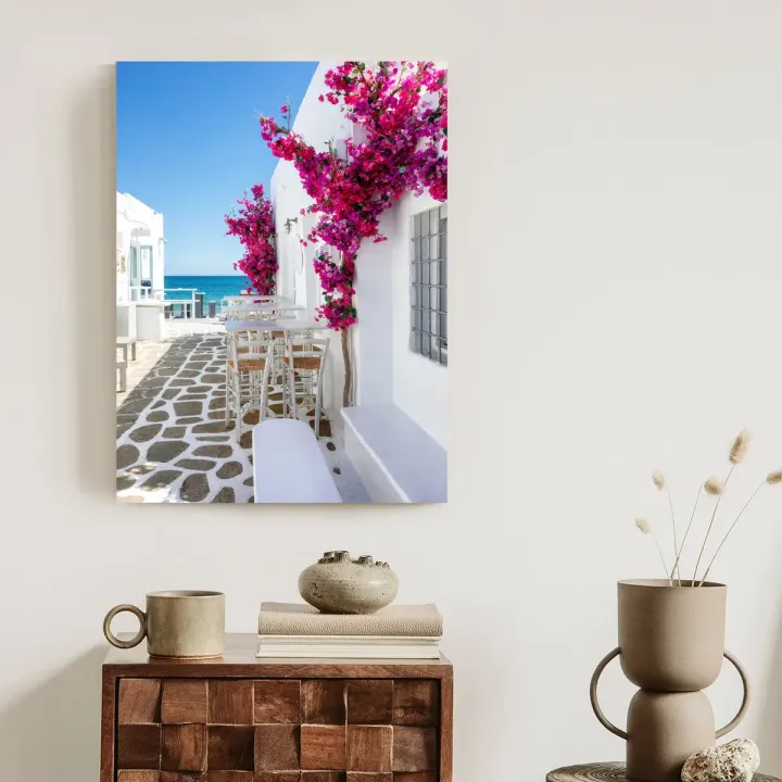 Plakat Grecka Architektura – Morze Egejskie i Różowe Kwiaty