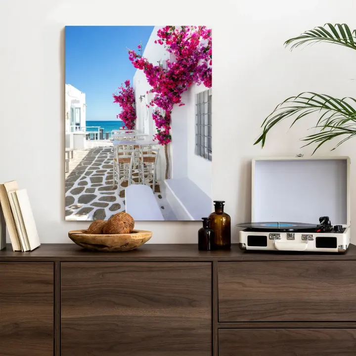 Plakat Grecka Architektura – Morze Egejskie i Różowe Kwiaty