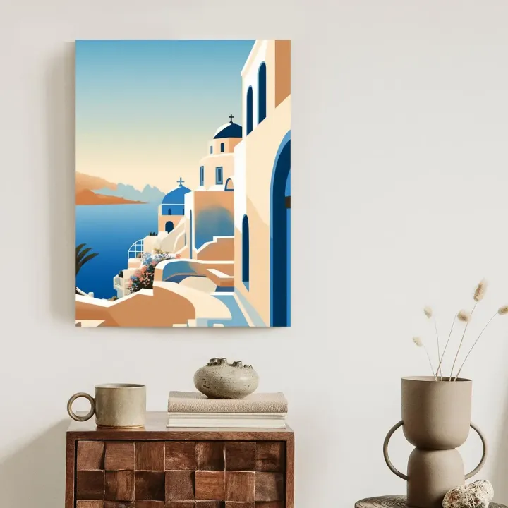 Plakat Santorini – Błękitne Kopuły i Widok na Morze
