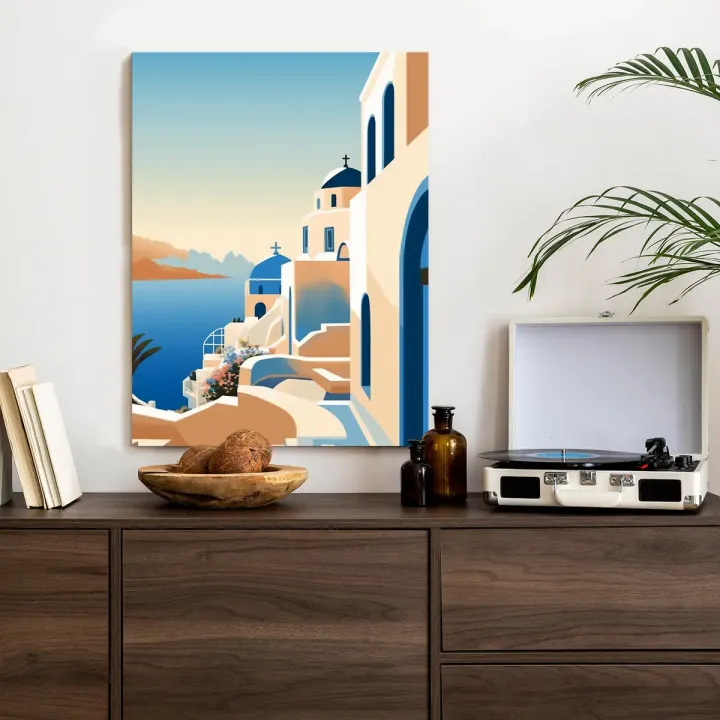 Plakat Santorini – Błękitne Kopuły i Widok na Morze