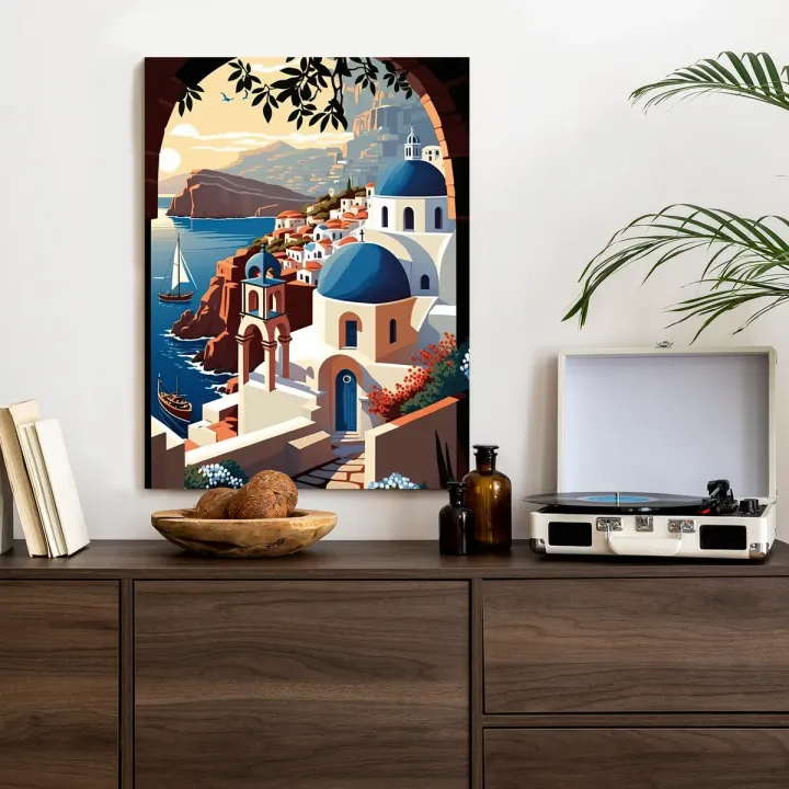 Plakat Ilustracja Greckiej Architektury – Santorini i Cyklady