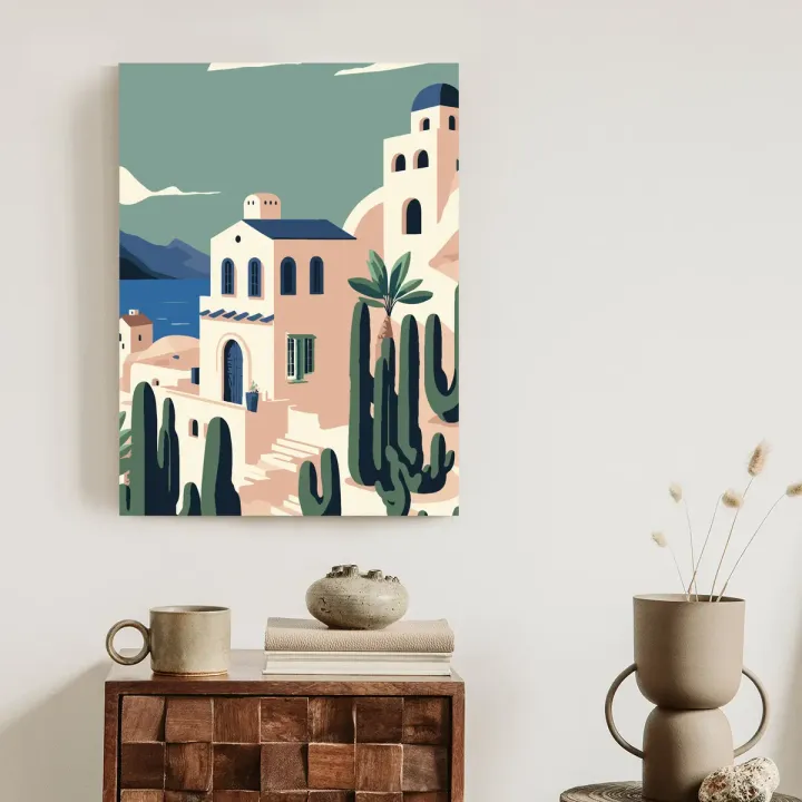 Plakat Santorini – Architektura Cyklad i Roślinność nad Morzem Egejskim