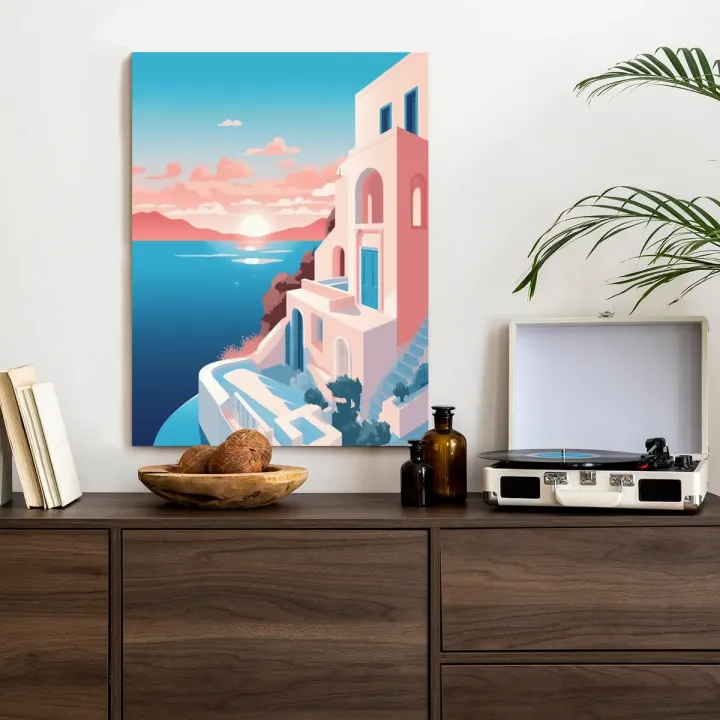 Plakat Zachód Słońca na Santorini – Architektura Cyklad i Morze Egejskie
