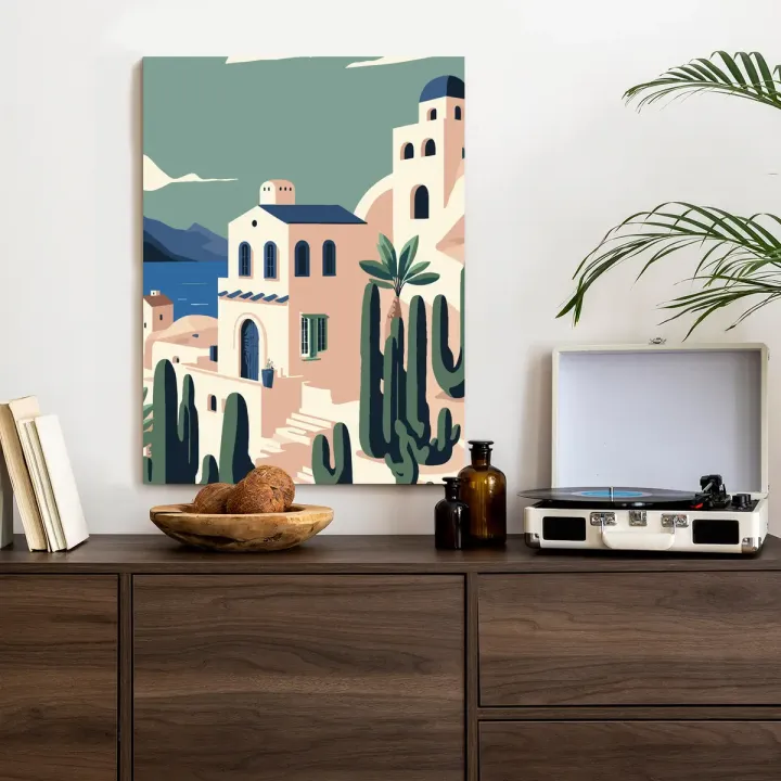 Plakat Santorini – Architektura Cyklad i Roślinność nad Morzem Egejskim