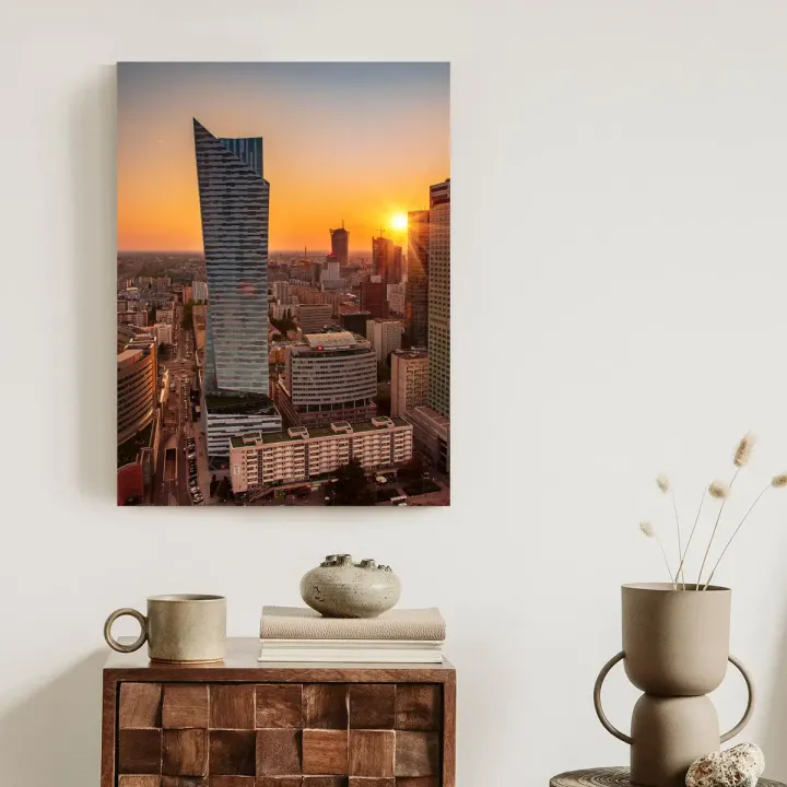 Plakat Wieżowce Warszawy – Skyline Metropolii o Zachodzie Słońca
