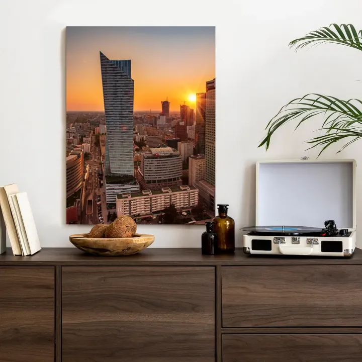 Plakat Wieżowce Warszawy – Skyline Metropolii o Zachodzie Słońca