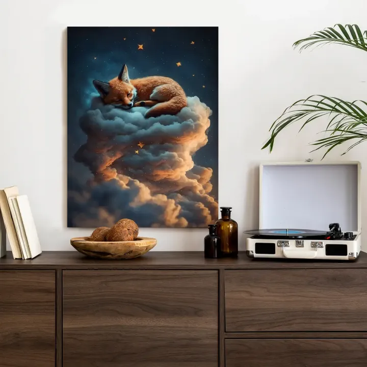Plakat Śpiący Na Chmurze Lis – Magiczny Sen w Gwiaździstą Noc