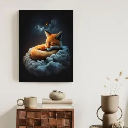 Plakat Śpiący Lisek – Nocne Niebo z Księżycem i Gwiazdami