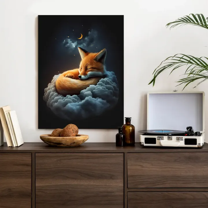 Plakat Śpiący Lisek – Nocne Niebo z Księżycem i Gwiazdami