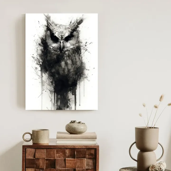 Plakat Malowany Portret Sowy – Sztuka Współczesna w Monochromatycznym Stylu