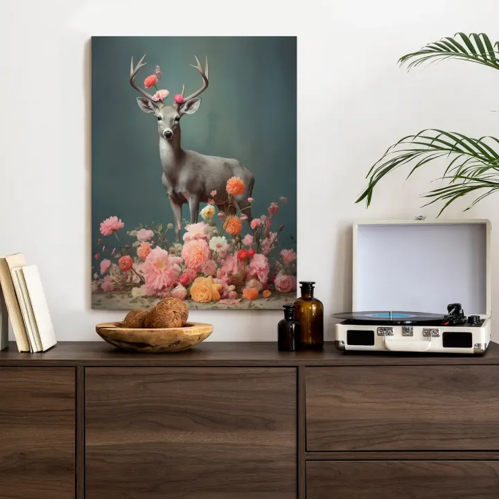 Plakat Jeleń z Porożami – Leśna Cisza i Kwiaty Polne