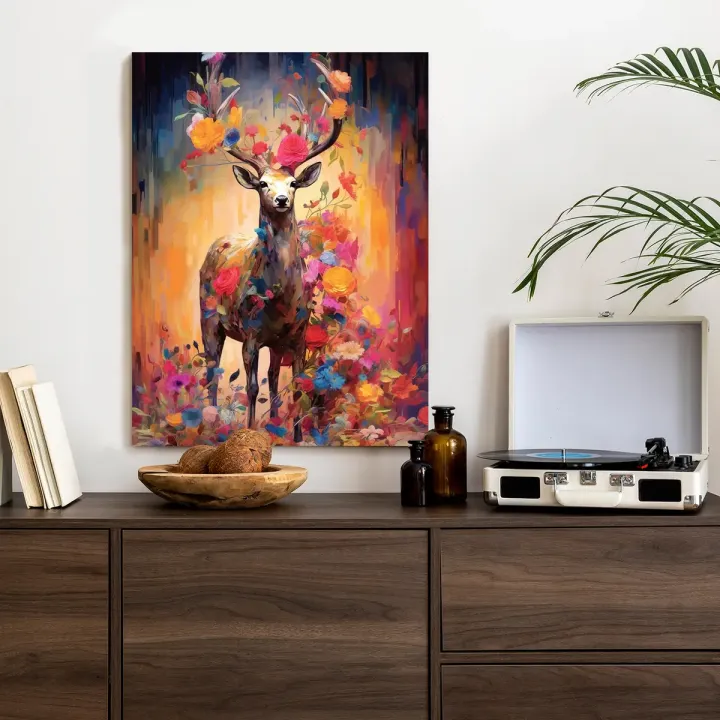 Plakat Jeleń w Kwiatach – Abstrakcyjna Natura i Leśny Motyw