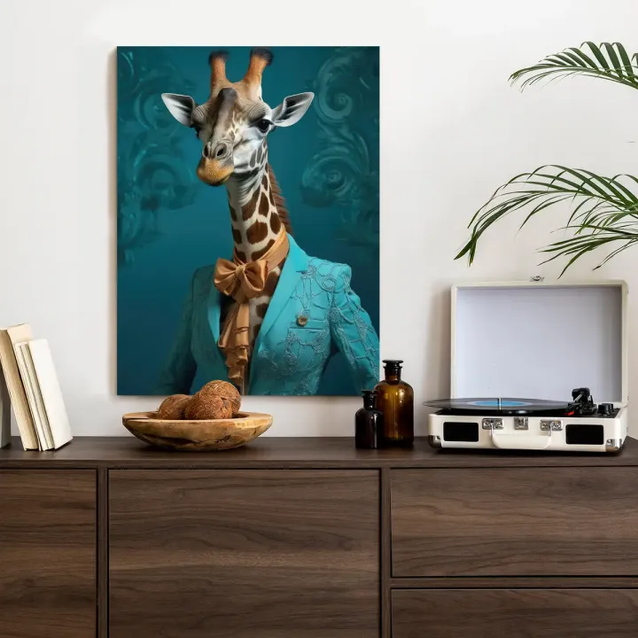 Plakat Żyrafa w Ubraniu Człowieka – Portret z Krawatem i Ornamentami