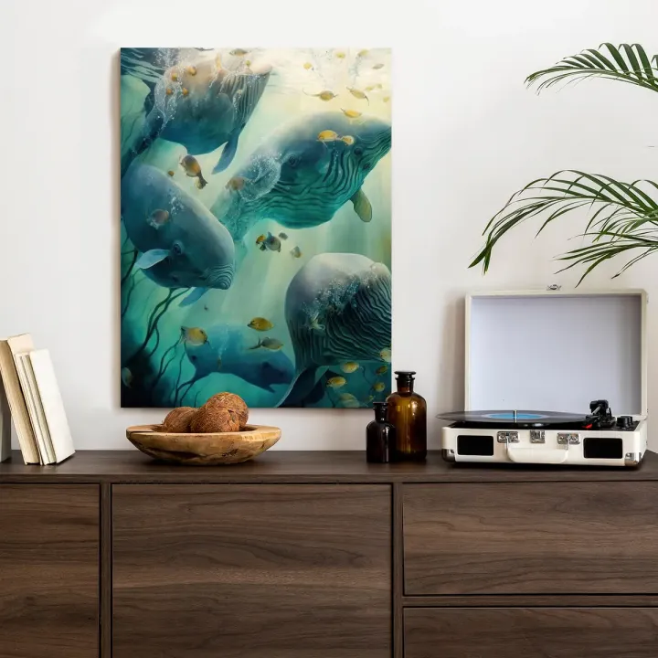 Plakat Wieloryby w Morskiej Głębi – Akwarelowy Krajobraz Oceanu