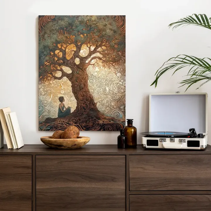 Plakat Kobieta Przy Drzewie Życia – Symboliczna Abstrakcja Natury