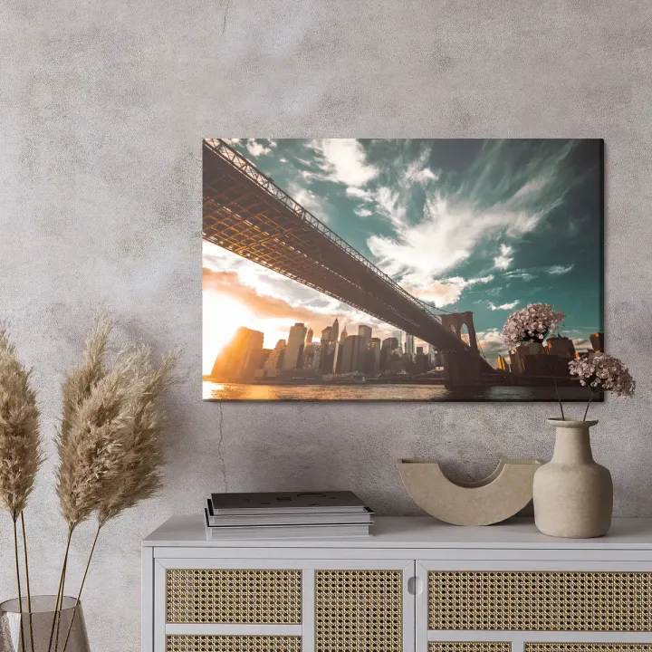 Obraz Zachód Słońca w Nowym Jorku – Skyline Manhattanu i Most Brookliński