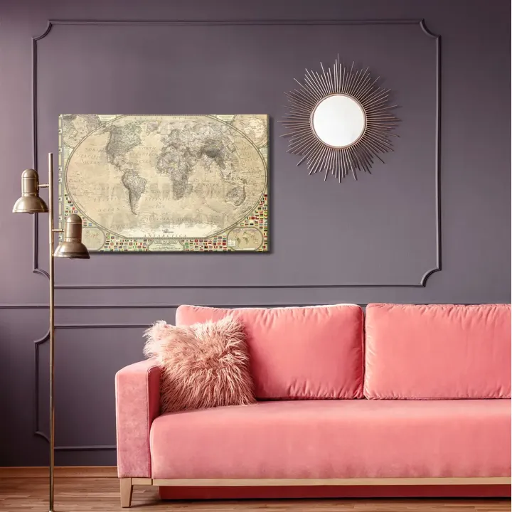 Obraz Mapa Świata Vintage – Styl Retro z Kontynentami i Flagami
