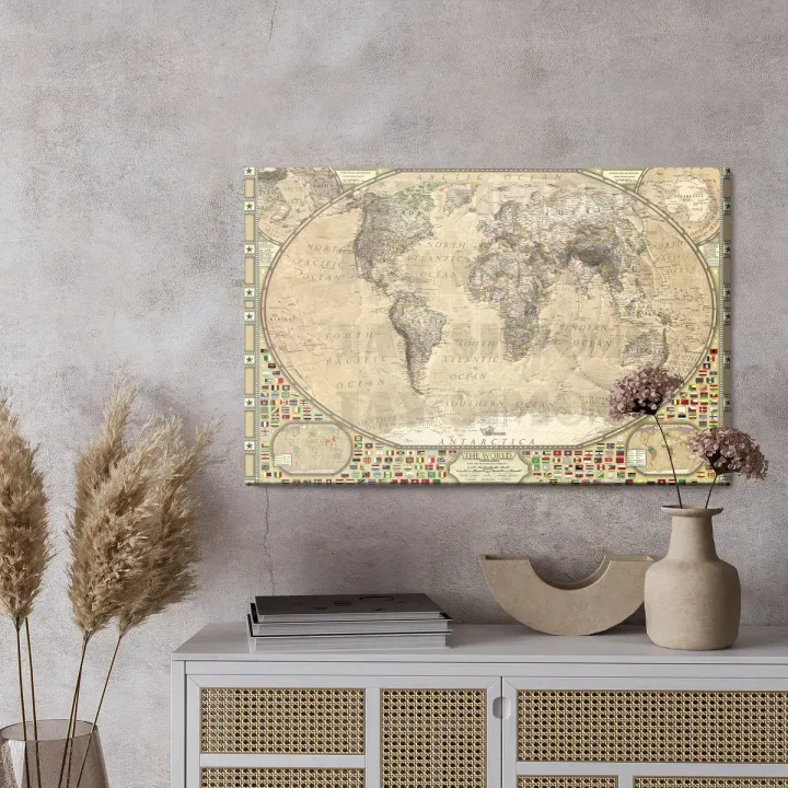 Obraz Mapa Świata Vintage – Styl Retro z Kontynentami i Flagami