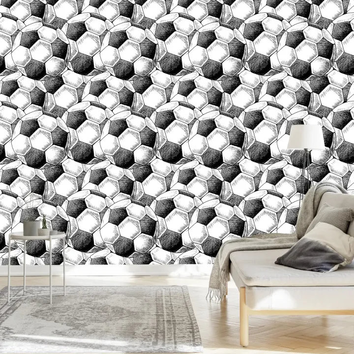 Tapeta Szkicowane Piłki Nożne – Abstrakcja Geometryczna w Stylu Monochromatycznym