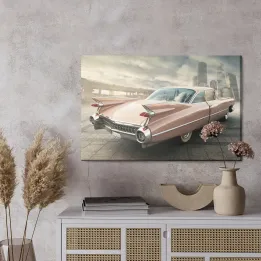 Obraz Samochód Vintage – Pejzaż Miejski z Skyline i Mostem Wiszącym