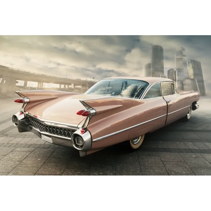 Obraz Samochód Vintage – Pejzaż Miejski z Skyline i Mostem Wiszącym – produkt