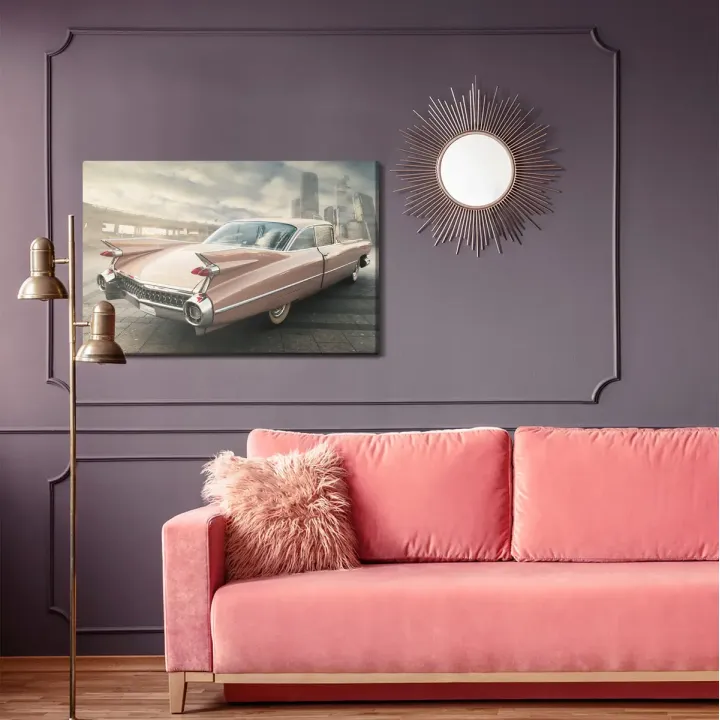 Obraz Samochód Vintage – Pejzaż Miejski z Skyline i Mostem Wiszącym