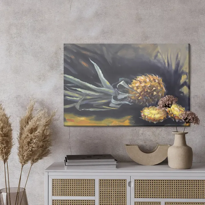 Obraz Ananas – Tropikalny Klimat z Ogniem i Kwiatami Boho
