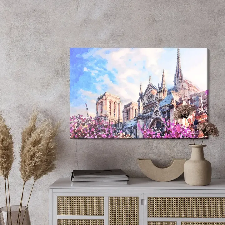 Obraz Katedra Notre Dame – Gotycka Architektura Paryża wśród Kwiatów