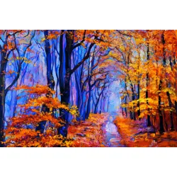 Obraz Las – Jesienna Ścieżka Leśna w Pomarańczowo-Niebieskiej Panoramie