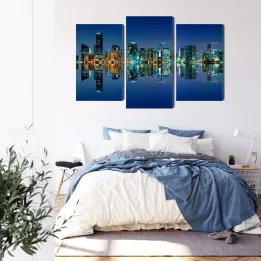 Obraz Wieloczęściowy Pano – Nocny Skyline Miami i Odbicie w Wodzie