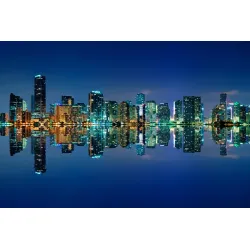 Obraz Wieloczęściowy Pano – Nocny Skyline Miami i Odbicie w Wodzie