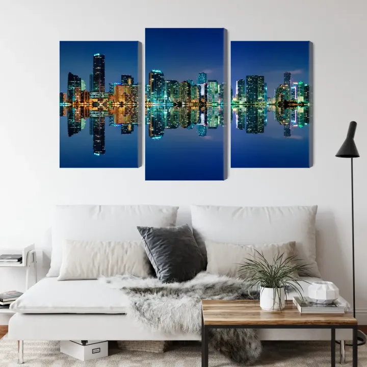 Obraz Wieloczęściowy Pano – Nocny Skyline Miami i Odbicie w Wodzie
