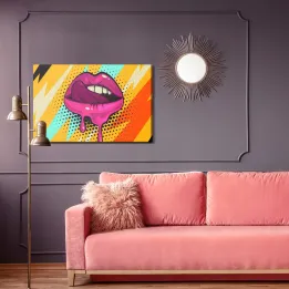 Obraz Pop-Art – Różowe Usta na Kolorowym Tle w Stylu Retro