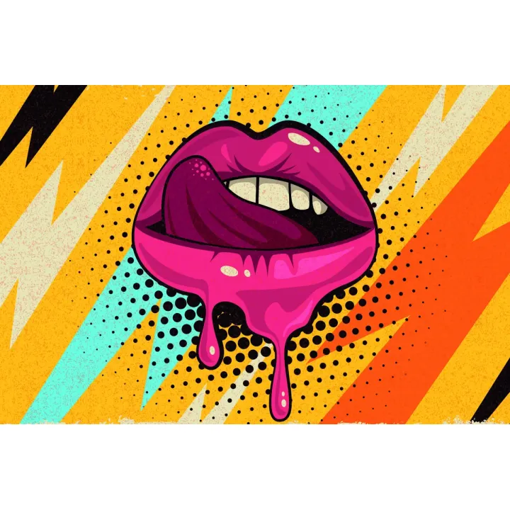 Obraz Pop-Art – Różowe Usta na Kolorowym Tle w Stylu Retro – produkt