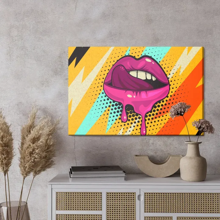 Obraz Pop-Art – Różowe Usta na Kolorowym Tle w Stylu Retro