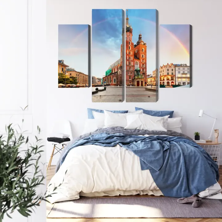 Obraz Wieloczęściowy Bazylika Mariacka – Gotycka Architektura Krakowa na Tęczowym Tle