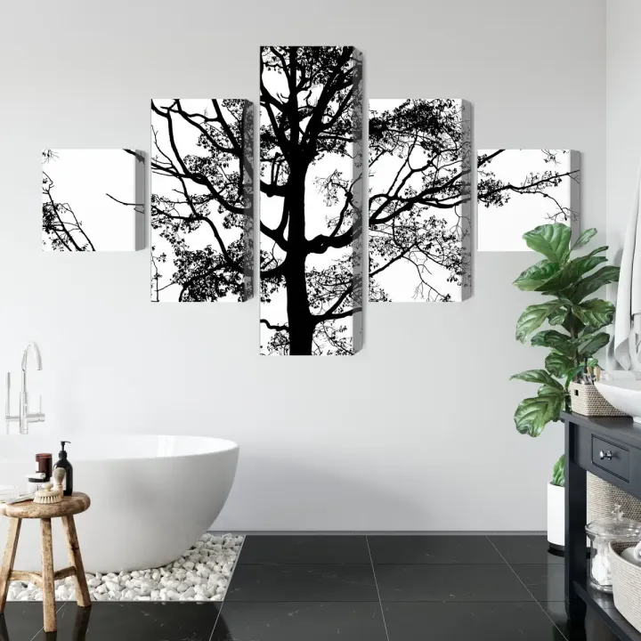Obraz Wieloczęściowy Drzewo – Minimalistyczna Grafika Botaniczna w Czerni i Bieli
