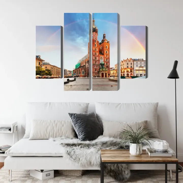 Obraz Wieloczęściowy Bazylika Mariacka – Gotycka Architektura Krakowa na Tęczowym Tle