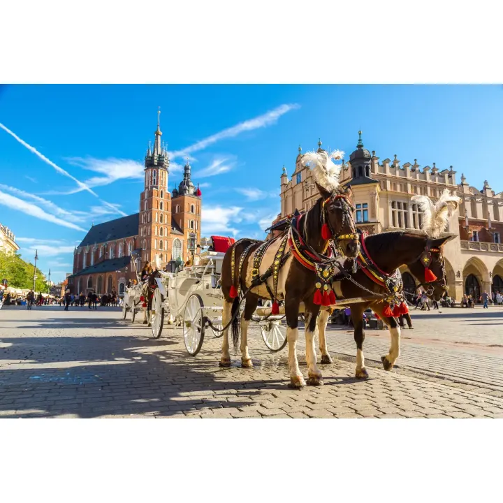 Obraz Wieloczęściowy Powozy Konne – Krakowski Rynek Główny i Kościół Mariacki – produkt